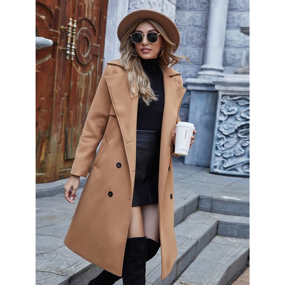long line
 Double Breasted Overcoat pea coat peacoat tan khaki camel brown - Picture 8 of 9